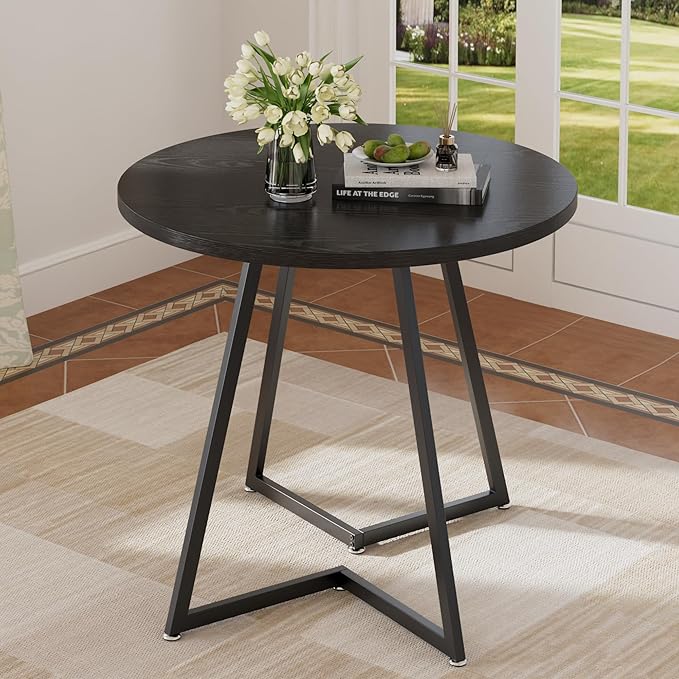 VECELO Round Dining Room Table with Wood Grain Tabletop and Steel Frame, for Kitchen, Living Room, Office, Conference, 2 to 4 Person, Black
