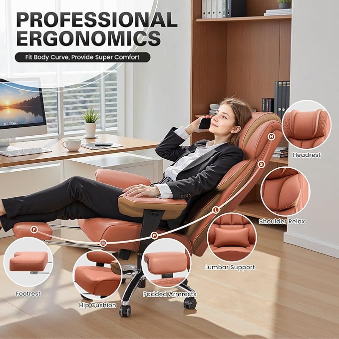 Office Desk Chair, Big and Tall Leather Gaming Chair with Footrest, Wide Ergonomic Comfy Executive High-Back Reclining Computer Chairs, Swivel Rolling Wheels and Padded Lumbar Support, Brown