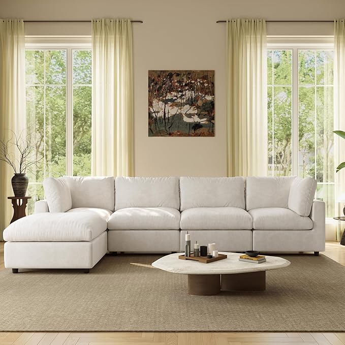 WJShome L Shaped Sectional Couch 134 Inch 4-Seater Modern Modular Sofa with Ottoman,Chenille Deep Seat Couches for Living Room, Bedroom and Apartment，Beige
