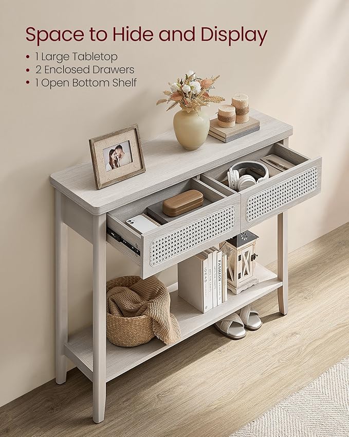 VASAGLE Console Table, Sofa Table, Narrow Entryway Table with 2 Drawers, Open Storage Shelf, Rounded Corners, for Living Room, Boho Style, Oatmeal Beige ULNT016K66