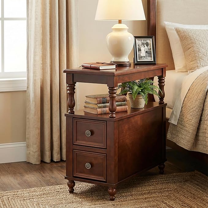 Tribesigns Set of 2 End Table with 2 Drawers, Vintage Narrow Wooden Side Table for Living Room, Charrowair Table with Storage Shelf, Minimal Assembly Needed (2)