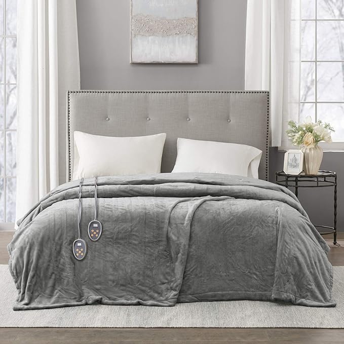 Beautyrest Heated Electric Blanket for Cold Weather, Fast Heating Heated Blanket, Auto Shut Off, Virtually Zero EMF, Multi Heat Setting, UL Certified, Grey Queen (90 inx84 in)