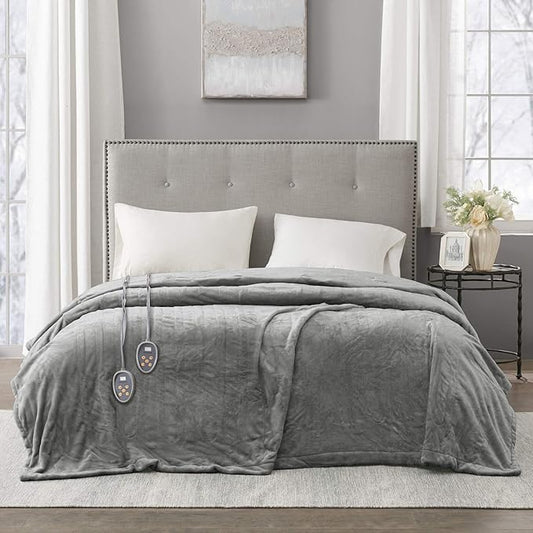 Beautyrest Heated Electric Blanket for Cold Weather, Fast Heating Heated Blanket, Auto Shut Off, Virtually Zero EMF, Multi Heat Setting, UL Certified, Grey Queen (90 inx84 in)