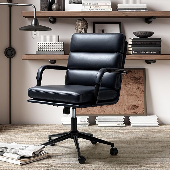 HULALA HOME Modern Faux Leather Home Office Chair with Tilt Lock & Metal Base, Desk Chair with Wheels & Padded Cushion, 360° Swivel Wide Seat Computer Task Chair, Navy