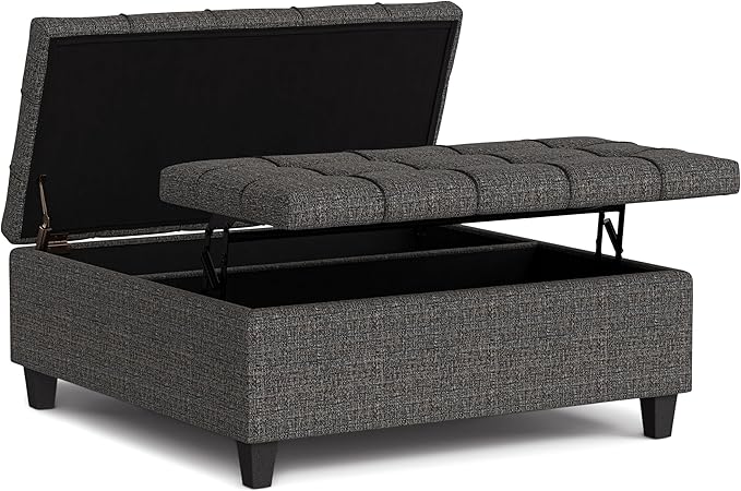 SIMPLIHOME Harrison 40 inch Wide Transitional Square Large Coffee Table Storage Ottoman in Ebony Polyester Tweed, Assembled, for The Living Room and Bedroom