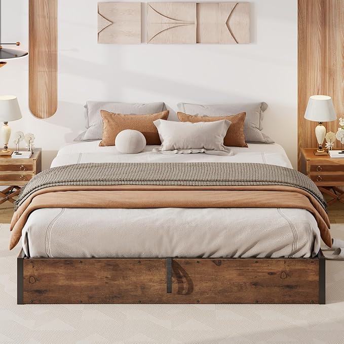 Queen Size Lift-Up Storage Platform Bed Frame, Metal Bed Frame with Wooden Slats Support, Spacious Underneath Storage, No Box Spring Required, Noise-Free, Rustic Brown