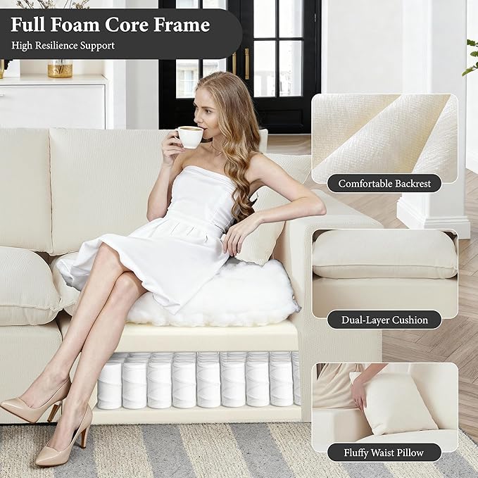 108" Sectional Couches for Living Room Boneless Couch Upholstered Cloud Couch Sectional Modular Sectional Sofa with L Shaped (Chenille-White, 4 Seat+2 Ottoman)
