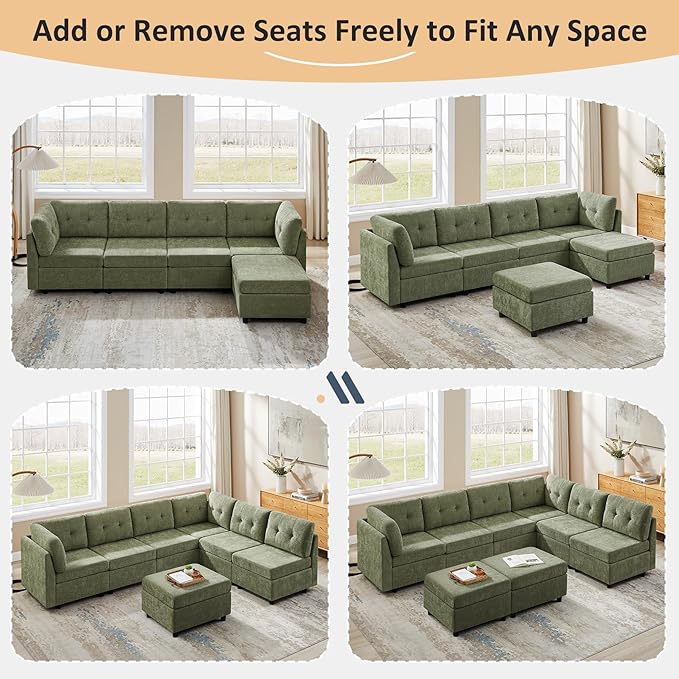 VANOMi 5 Seat Cloud Couches for Living Room with Ottoman, Convertible Modular Sectional Sofa Bed, Chenille Cloud Sofas & Couches for Apartment, Office, Olive Green, Sofa Bed