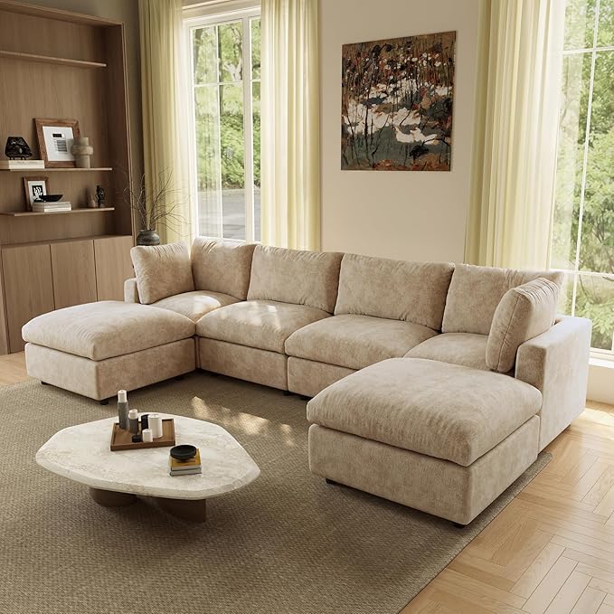 WJShome U Shaped Sectional Couch 134 Inch 4-Seater Modern Modular Sofa with 2 Ottoman,Chenille Deep Seat Couches for Living Room, Bedroom and Apartment，Khaki