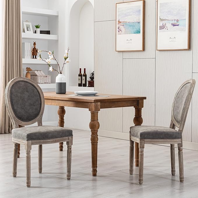 Farmhouse Leather Dining Room Chairs Set of 2 French Dining Chairs with Round Back, Wood Legs, French Bistro Chairs for Dining Room/Living Room/Kitchen/Restaurant, Grey