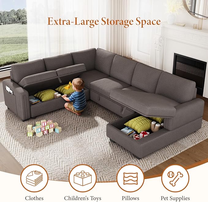 Vesgantti 113.6" Pull Out Sofa Bed with Chaise, 7 Seater U Shaped Sleeper Sofa with Storage Chaise, Corduroy Modular Sectional Couch for Living Room, Bedroom, Apartment, Light Coffee