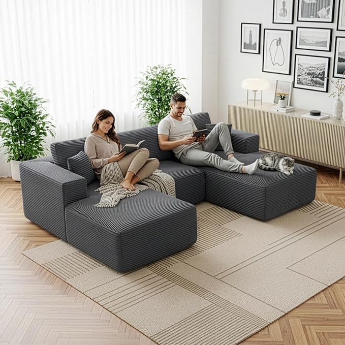 Modular Sectional Cloud Couch for Living Room,Modern Boneless Couche Set with Plush Corduroy,Comfy Floor Sofa with Memory Foam,Stupendous U Shaped Sofa,No Assembly Required,Grey
