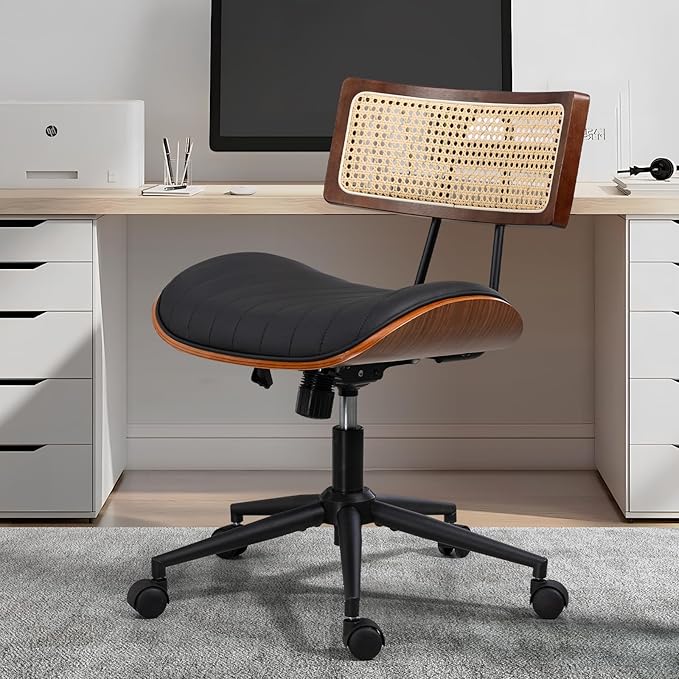 Home Office Chair with Wheels, Adjustable Height Desk Chair with Rattan Backrest, Leather Swivel Computer Chair, Armless Modern Walnut Chair for Office, Meeting Room, Black