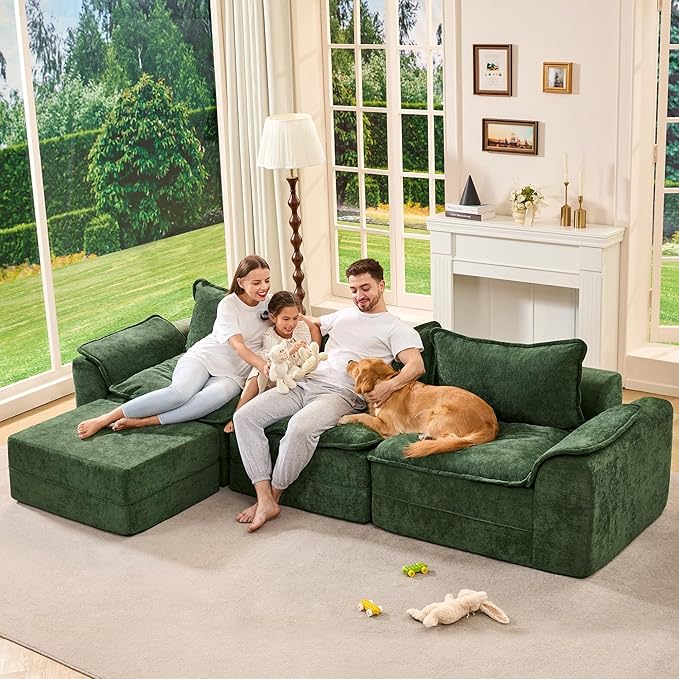 Hobestluk 120" Cloud Modular Sectional Couch 3-Seater Sofa with Ottoman L Shaped Sofa with Removable Cover Large Sofa Couch for Living Room (Green, 3-Seater Sofa with One Ottoman)