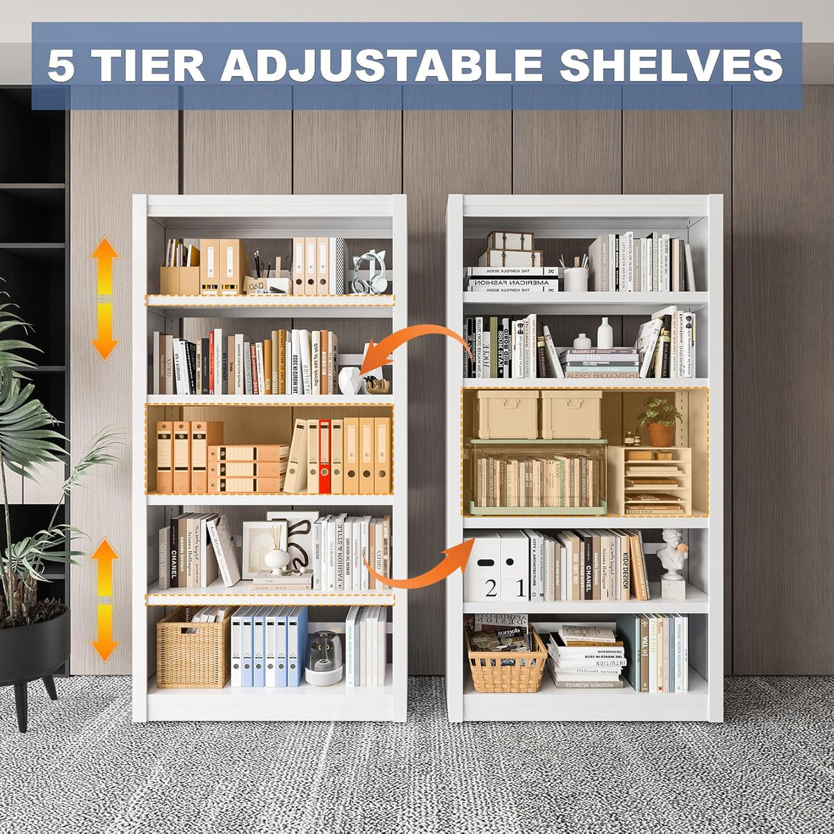 Metal Bookshelf Adjustable - 61" Tall White Bookcase, 5 Tier Book Shelf, Tooless Assembly Book Case, Modern Bookshelves and Bookcases for Home Office, Living Room, Bedroom, Study, Library