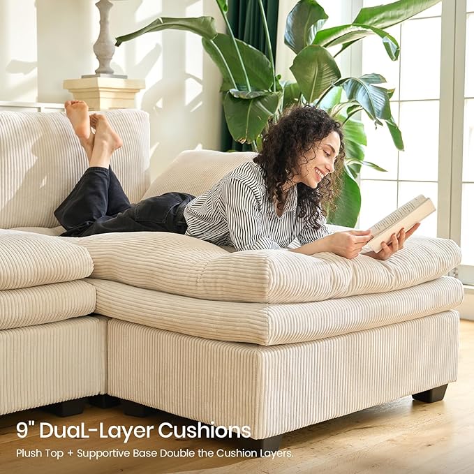 Belffin Large Modular Sectional Sofa with Deep Chaise, Corduroy U Shaped Couch with 9" Soft Dual-Layer 7 Seats Cushion for Living Room, Apartment, Beige