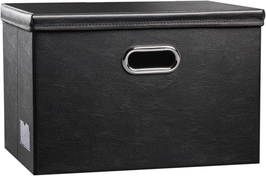 PRANDOM Large Collapsible Storage Bin with Lid [1-Pack] Leather Fabric Foldable Storage Box Organizer Containes Basket Cube with Cover for Home Bedroom Closet Office Nursery Black (17.7x11.8x11.8)