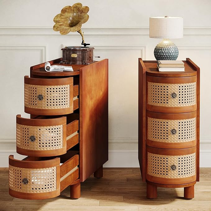 Tribesigns Solid Wood End Table Set of 2, 3-Drawer Rattan Side Table, Night Stand with 3 Rattan Drawers and Exquisite Embossed Handles for Living Room, No Assembly Required (Walnut & Oak)