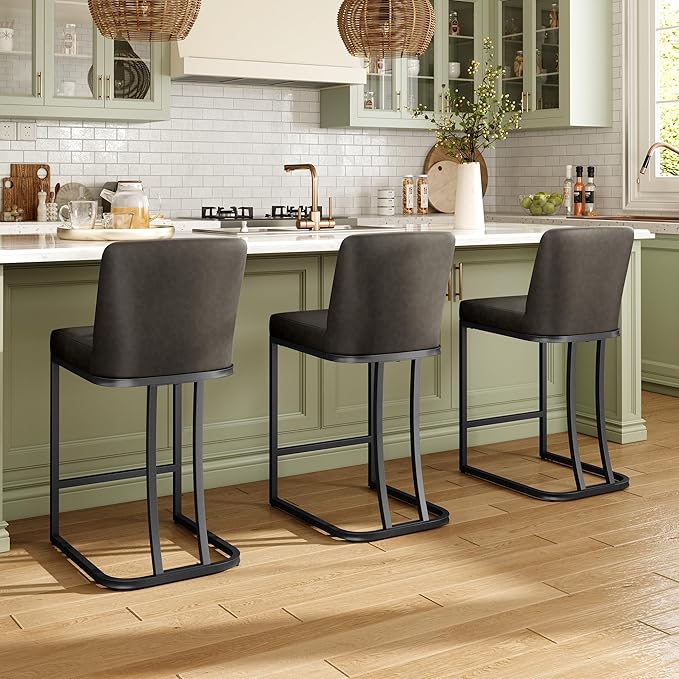 MAISON ARTS Counter Height Bar Stools with Back Set of 3 for Kitchen Counter, 24 Inch Modern Upholstered Faux Leather Barstools Farmhouse Bar Chairs Luxury Island Stools Support 330LBS, Grey