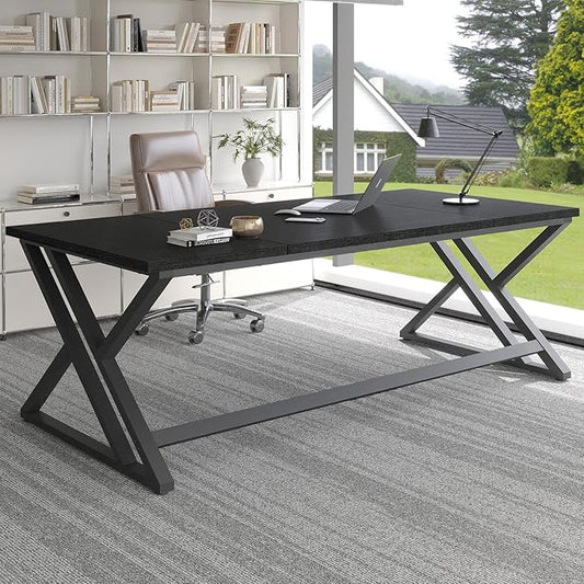 LVB 78.7" Black Computer Desk, Large Industrial Pc Study Home Office Desk, Long Modern Wood Gaming Work Writing Desk for 2 Person, Farmhouse Double Workstation Executive Desk with Storage in Bedroom