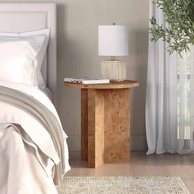Henn&Hart 20" Scandinavian Round Wooden End Table, Side Table, Nightstand with X-Base for Living Room, Office, Family Room, or Bedroom, Honey Burl