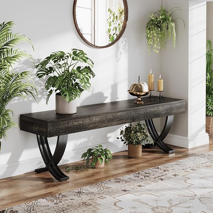 Tribesigns Entryway Shoe Bench, 55-Inch Wooden Shoe Bench with Metal X-Shaped Legs, Industrial Long End of Bed Stool with Seating for Living Room, Bedroom, Hallway, Porch (Oak & Black)