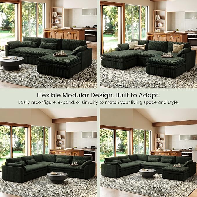 Belffin Large Modular Sectional Sofa with Double Deep Chaise, 135" Corduroy U Shaped Sectional Couch with 9" Soft Dual-Layer 6 Seats U Shaped Couch for Living Room, Apartment, Green