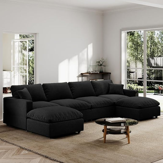 Modern Sectional Linen Couch for Living Room U-Shape Sofas,6 Seat Modular Cloud Sofas,Couches Cushion Covers Removable,Cozy Feather Down Sofa for Apartment Black