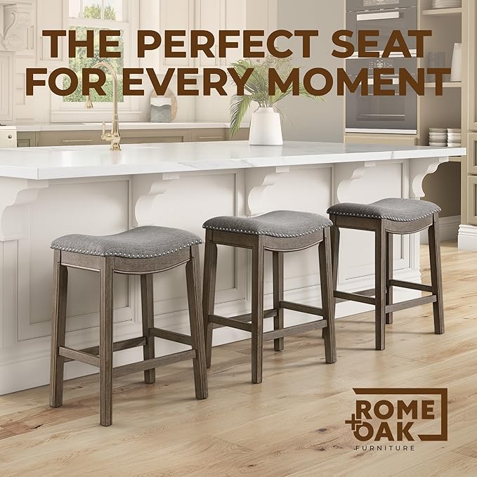 ROME + OAK Set of 2 Parker 26 Inch Counter Stool, Backless Saddle Kitchen Barstool in Walnut Finish with Grey Fabric Upholstery Cushion Seat