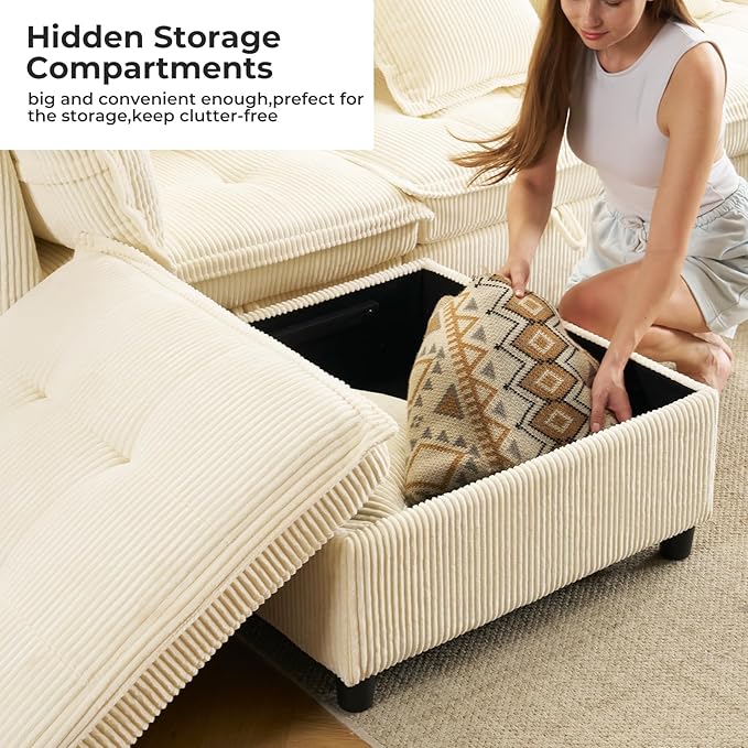 133" Modular Sectional Sofa, L-Shaped Corduroy Comfy Sectional Couches for Living Room, 3-Seater Cloud Couches with 1 Ottoman, Modern Deep Seat Sofa with Large Storage, Corduroy Beige