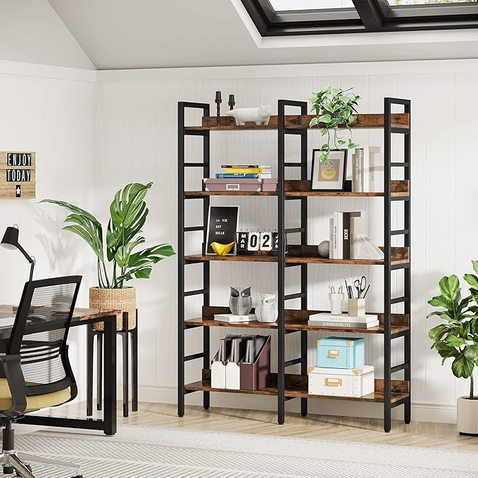 Tribesigns 5-Tier Industrial Bookshelf, 71”H x 47”W Etagere Bookcase, Freestanding Double Wide Book Shelf for Storage and Display, Wood and Metal Bookshelves for Living Room Home Office, Rustic Brown