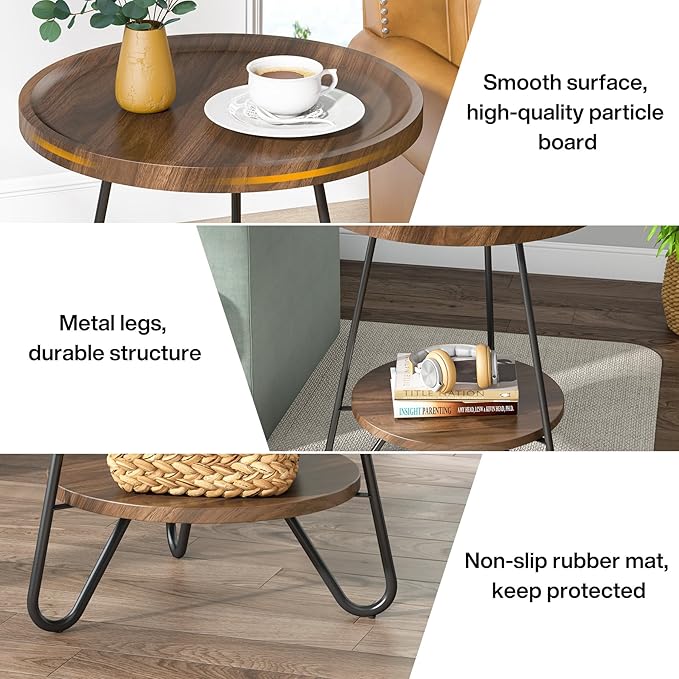 Tribesigns Set of 2 Round Side Table, 2-Tier End Table with Metal Legs, Modern Industrial Beside Table, Small Accent Table Snack Table for Living Room, Bedroom, Small Space, Brown