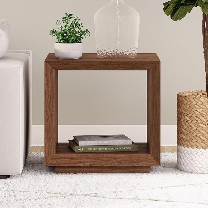 Henn&Hart 22" Modern Square Wooden End Table, Side Table, Nightstand with Open Display Shelf for Living Room, Office, Family Room, or Bedroom, Satin Walnut