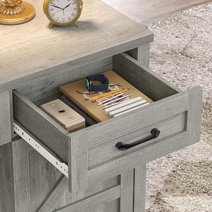 Farmhouse 67''H Executive Desk with Hutch & 5 Drawers, Rustic Office Desks Computer Desks with Charging Station, File Drawers and Storage Cabinets, Wood Workspace for Home Office & Study.(Grey)