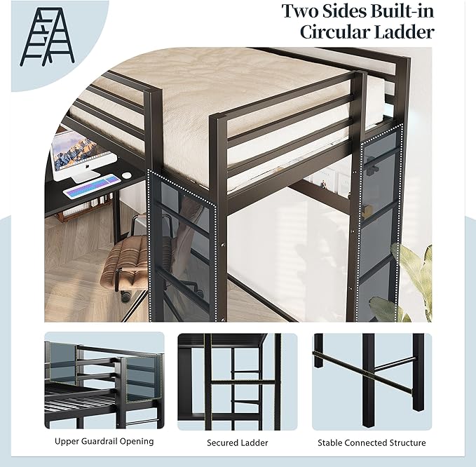 SUNLEI Metal Loft Bed Frame with Desk, Full Size Loft Bed with 2 Built-in Ladders & Safety Guard, Noise Free for Small Bedroom, Classic Black