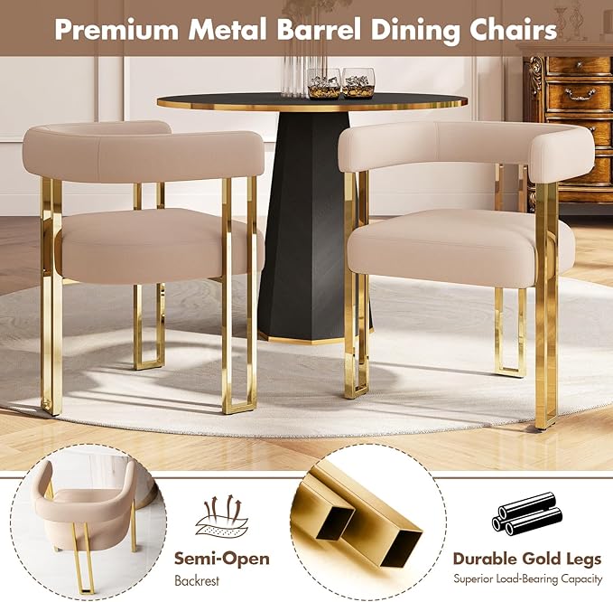 Velvet Dining Chairs Set of 2, Khaki Upholstered Barrel Armchairs with Gold Metal Legs for Kitchen Island, Mid Century Modern Accent Side Chairs for Dining Room and Living Room, Open-Back