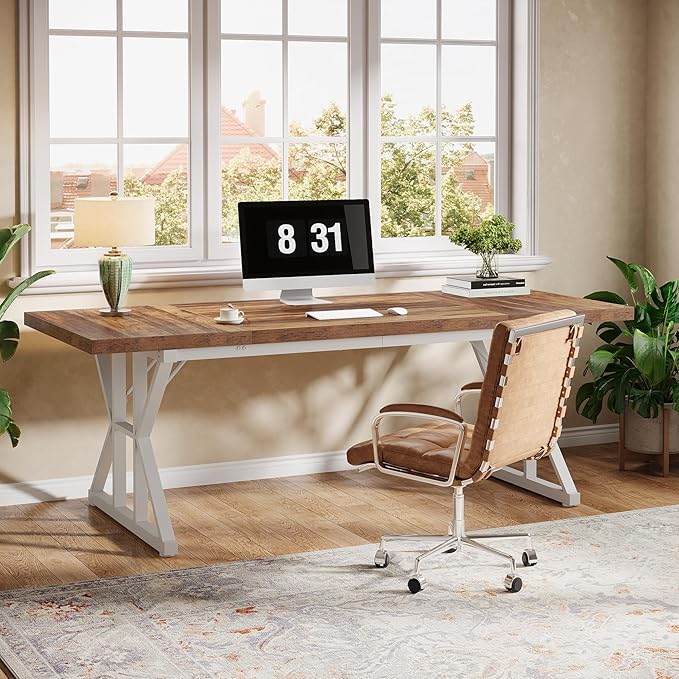 Tribesigns 70.86-Inch Large Executive Desk, Industrial Home Office Computer Desk, Simple Long Writing Study Table Business Furniture (Brown-White)