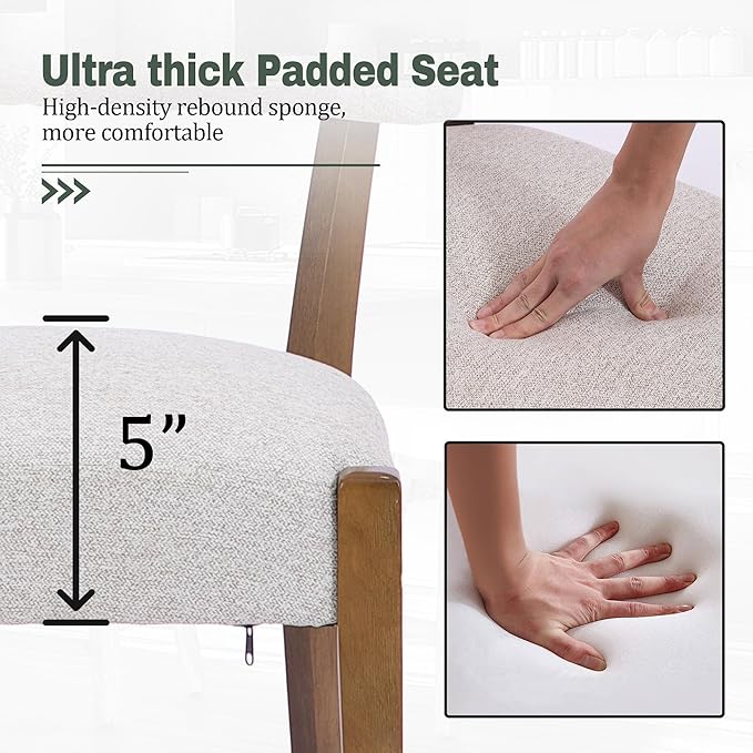 Modern Dining Chairs Set of 2, Walnut Upholstered Kitchen & Dining Room Chairs, Mid Century Modern Wooden Dining Chairs Oversized Sturdy Rounded Chairs Curved Back, Beige Fabric