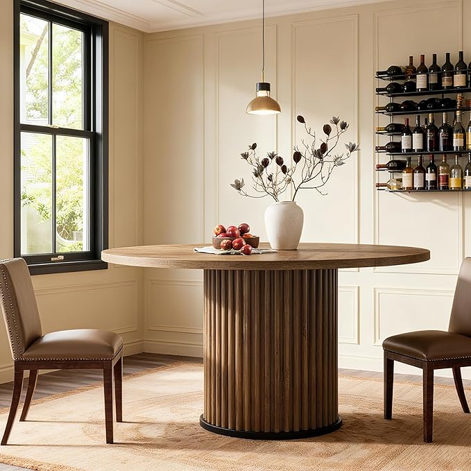 Tribesigns Round Dining Table for 4-6, 47-Inch Modern Circle Kitchen Table with Fluted Round Base, Farmhouse Wood Dinner Table for Dining Room, Kitchen, Living Room, Brown