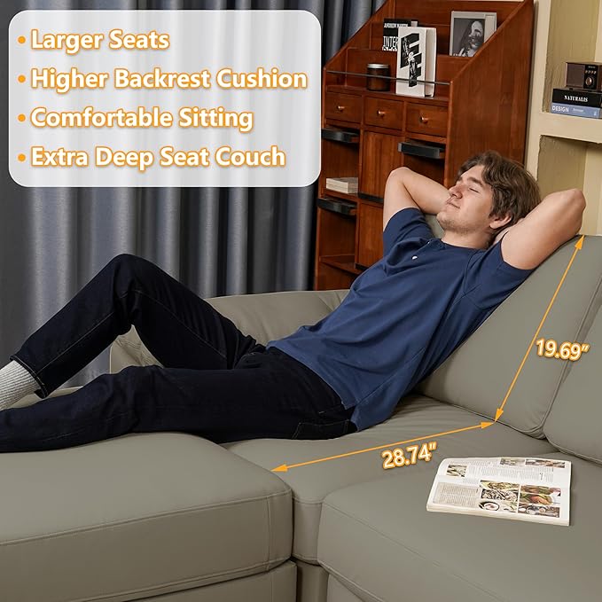 EASE MOOSE Loveseat Sofa for Living Room,Oversized Deep Seat Modular Sectional,Modern Comfy 2 Seater Sofas,Scratch Resistant Faux Leather Couch for Small Spaces, Light Grey