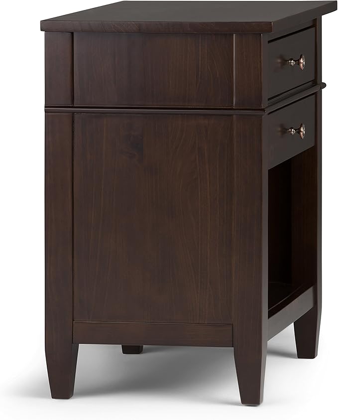 SIMPLIHOME Carlton Bedside Table - 24 inch Wide Solid Wood Nightstand Table in Dark Tobacco Brown, Transitional Bedroom Side or End Table with 2 Drawers, Open Storage Shelf and Bronze Hardware