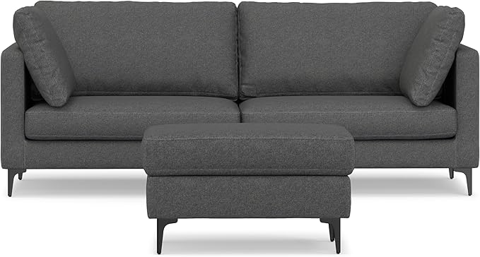 SIMPLIHOME Ava Sofa and Ottoman in 100% Recycled Polyester Performance Fabric, Pebble Grey, 90-inch-Wide 3-Seater Couch and Matching 36-inch-Wide Table Ottoman for Living Room, 2-Piece Set
