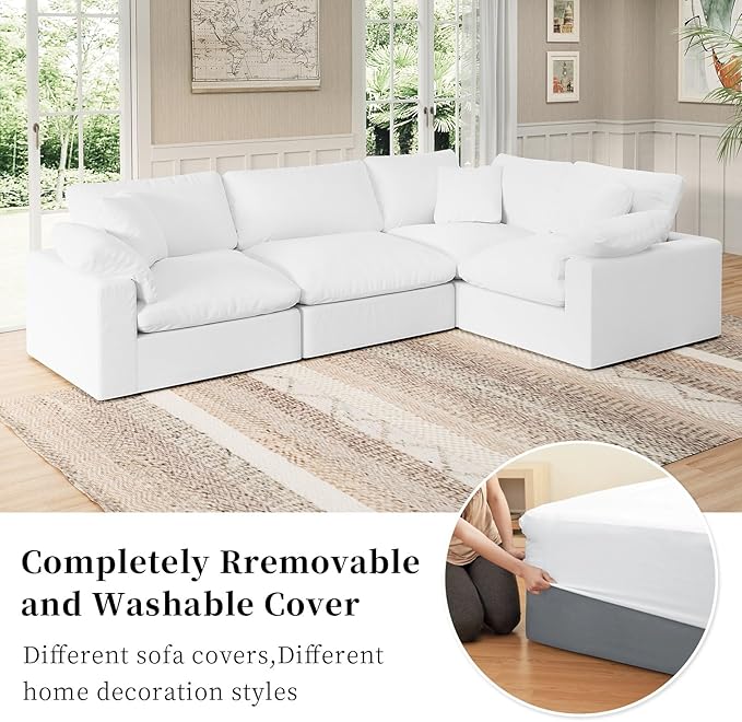 Modular Sectional Sofa Cloud Couch,Down Filled Comfy Cloud Modern Sofa,White Linen Oversized Couch Cushion Covers Removable for Living Room