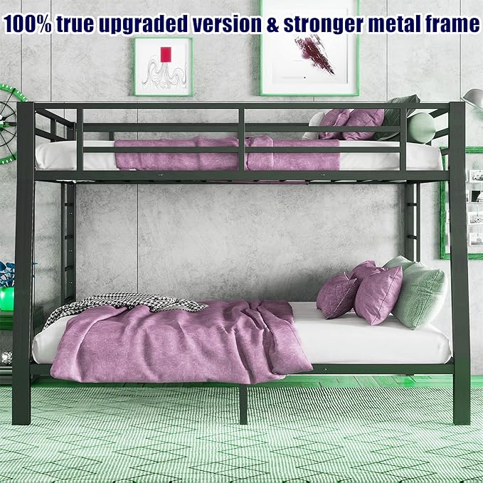 Higher Quality & Stronger Heavy Duty Industrial Style Metal Full XL Over Queen Bunk Bed, Thickened More Stable Black Steel Bunkbed Bunk Queen Bed (Easier to Assemble) (Full XL Over Queen)