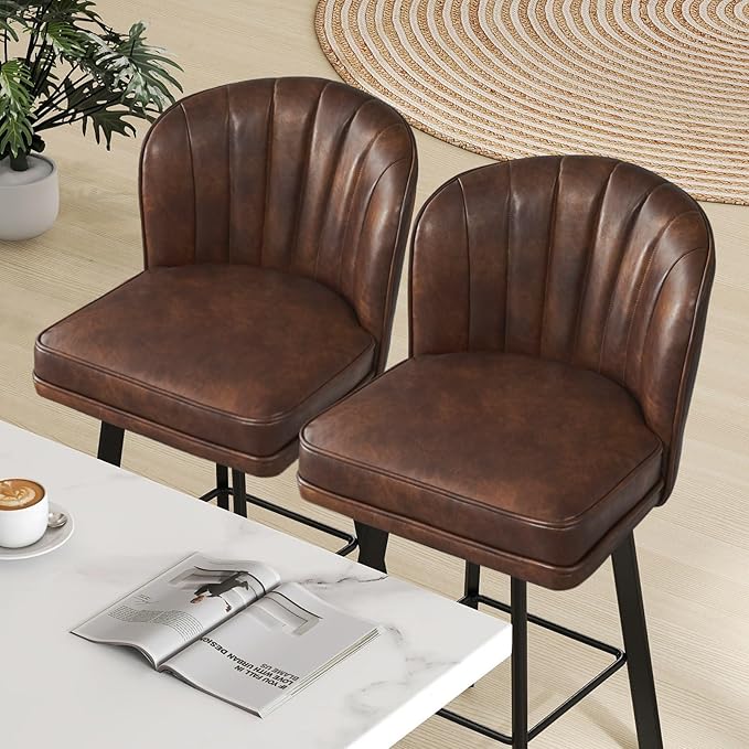 Swivel Counter Height Bar Stools Set of 4, 30'' Modern Barstools with Backs and Metal Legs, Upholstered Bar Chairs, Faux Leather Brown Stools for Kitchen Island Chairs