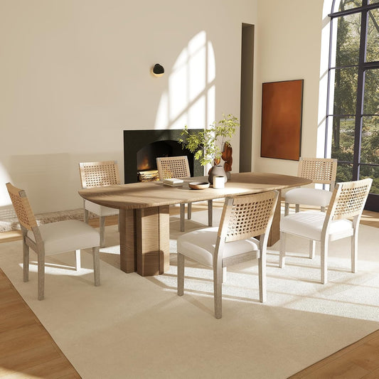 Kmax Farmhouse Dining Chairs Set of 6, Rustic Kitchen Chairs with Linen Fabric Seat and Woven Back, Vintage Accent Chairs for Dining Room, Living Room, Ivory