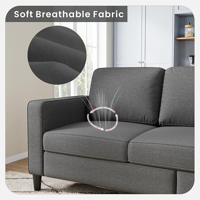 Sectional Sofa and Couches for Living Room, 78'' Dark Grey 3 Seat L-Shaped Couch with Movable Ottoman, Comfy Linen Convertible Sectionals Sofas with Chaise for Apartment, Office, Small Space