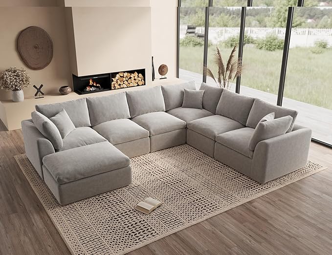 Oversized Cloud Couches for Living Room, Boneless Sectional Couch with Ottoman, 7 Seater Large Modular Sectional Sofa, Light Grey