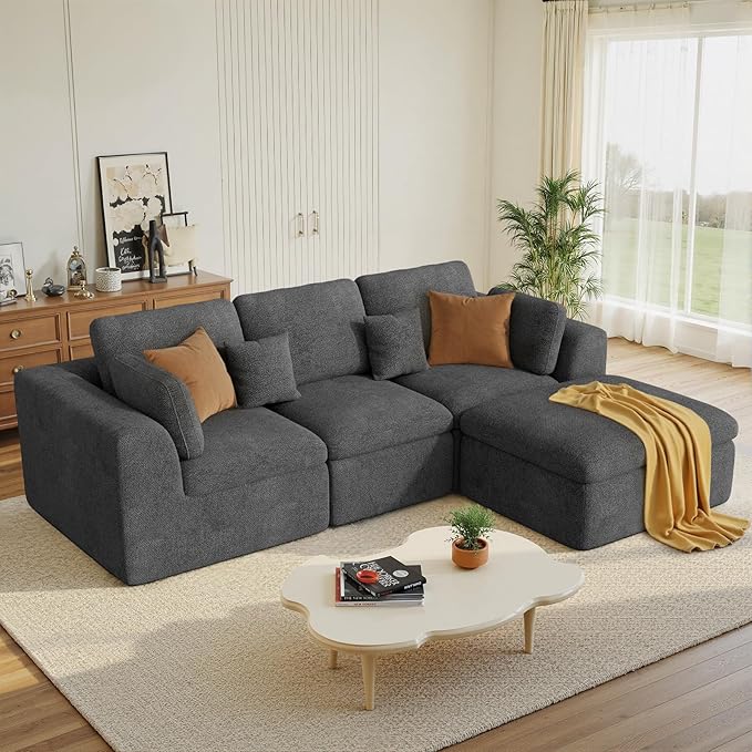 115" Cloud Boneless Sectional Couch, Deep Seat L Shaped Modular Couch with Ottoman, Oversized Upholstered Convertible 4 Seater Modular Sofa for Living Room,DarkGary Chenille