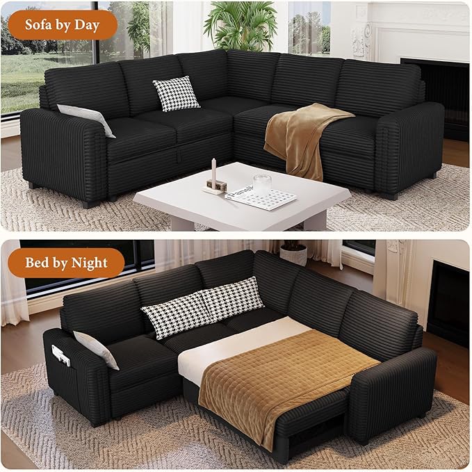 Vesgantti 88.4" Sectional Sleeper Sofa with Pull Out Bed, 5 Seater L Shaped Modular Sectional Couch with Storage, Comfy Corduroy Modular Couch for Living Room, Bedroom, Apartment, Black